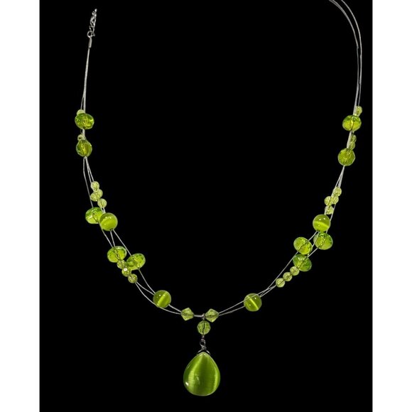 Fairycore Green Cateye Glass Beaded Pendant Necklace - Picture 2 of 5